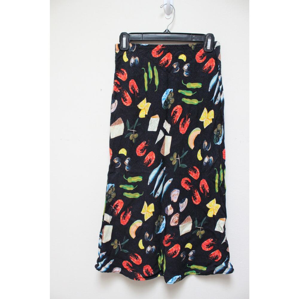 Lisa Says Gah Black Tapas Food Sandy Linen Midi Skirt Size Small - Picture 2 of 5